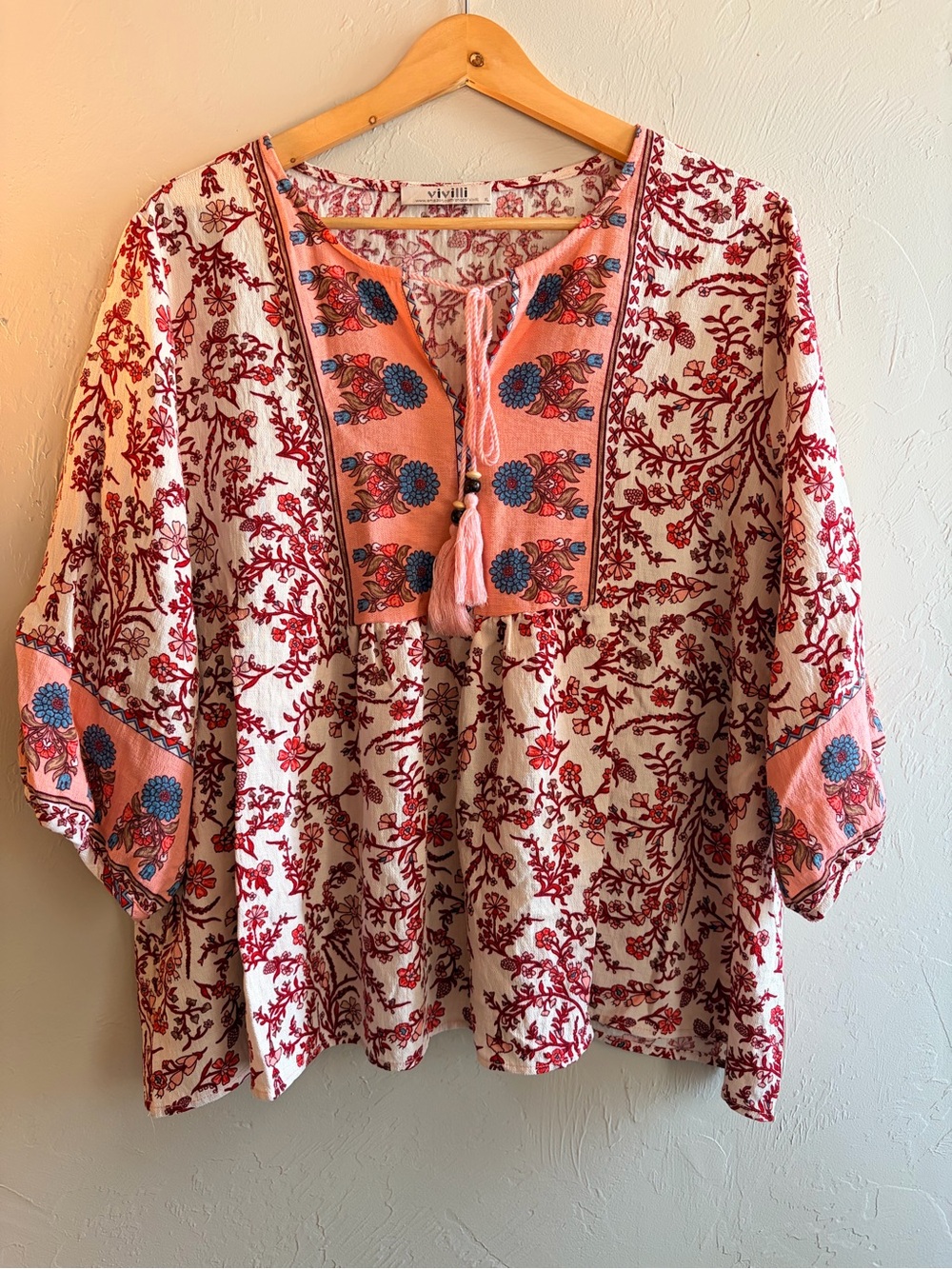 Vivilli Red/Pink XL Boho Floral V-Neck 3/4 Sleeve Tunic Tie Blouse peasant